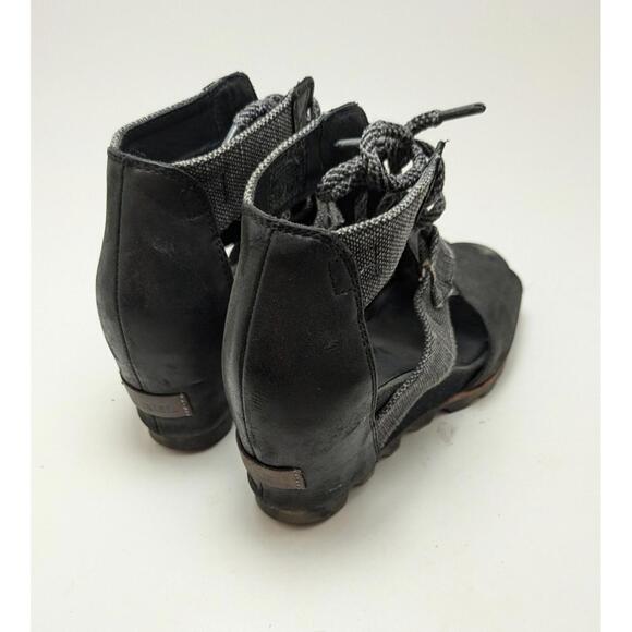 Womens Sorel Joanie Lace Wedge Platform Dark Fog Noir Leather Sandals Size 8‎